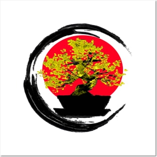 Golden bonsai on a rising sun - Sumi inspired enso circle brushstroke tree Posters and Art